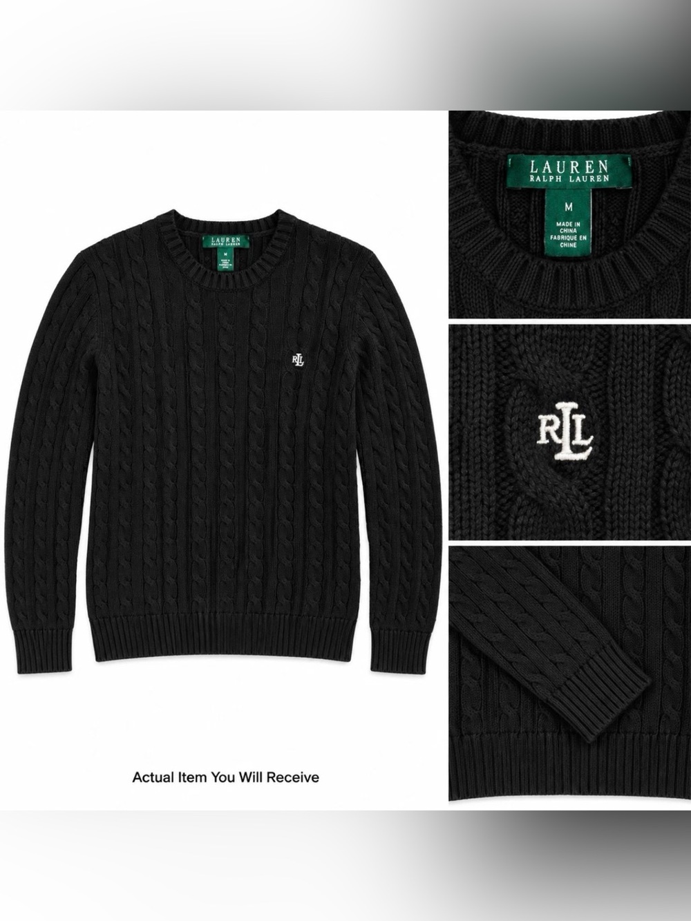 NWOT Lauren Ralph Lauren Black Cable Knit Sweater Women M 100% Cotton LRL Logo
